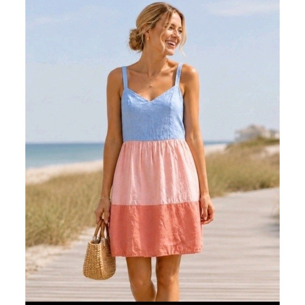 Cynthia Rowley 100% Linen Tiered Sundress Blue Pink Coral Babydoll Sz 2 Beachy
